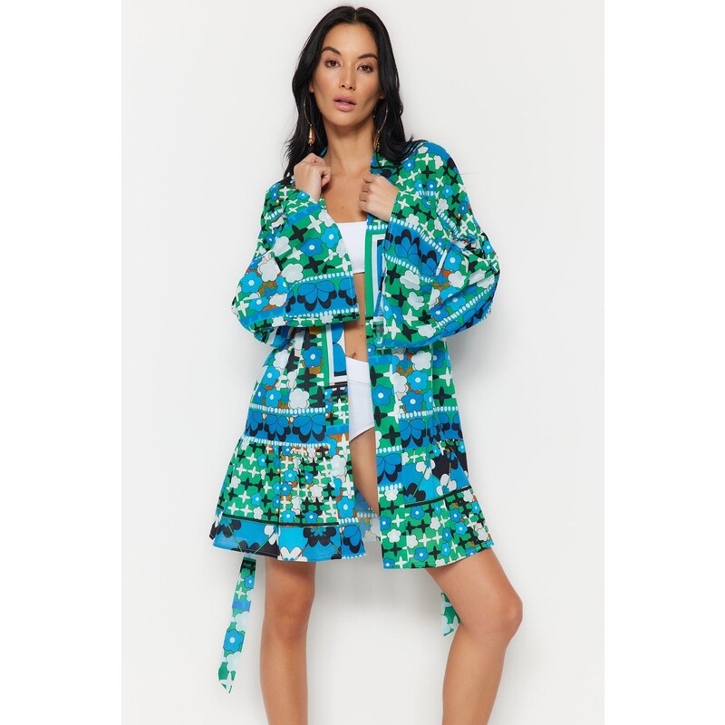 Trendyol Floral Pattern Belted Mini Woven 100% Cotton Kimono & Kaftan