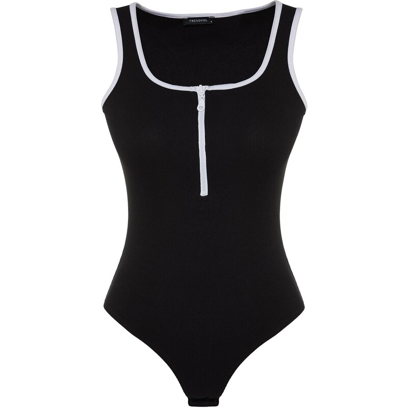 Trendyol Black Zippered Pool Collar With Piping Detailed Cotton Ribbons Flexible With Snap Snaps Knitted Body