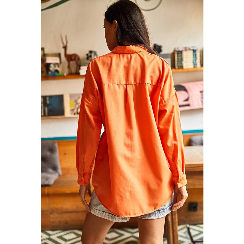 Olalook Women's Orange Woven Boyfriend Shirt with Sequin Detail