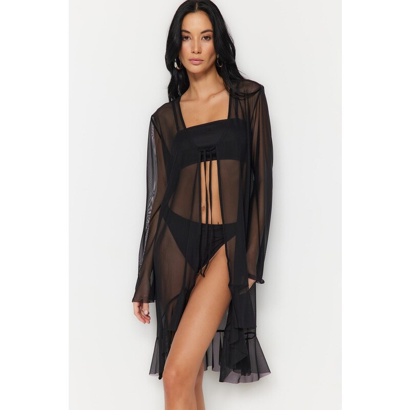 Trendyol Black Maxi Knitted Flywheel Kimono & Caftan