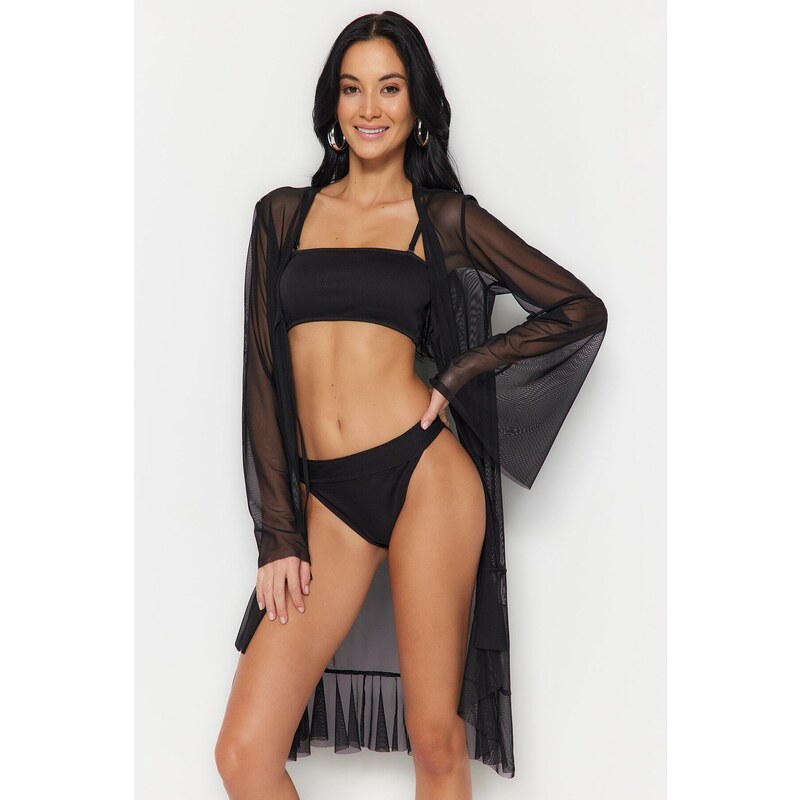 Trendyol Black Maxi Knitted Flywheel Kimono & Caftan