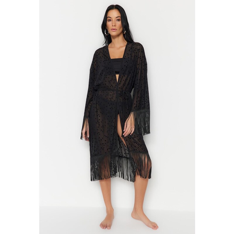 Trendyol Black Belted Maxi Knitted Tasseled Kimono & Kaftan