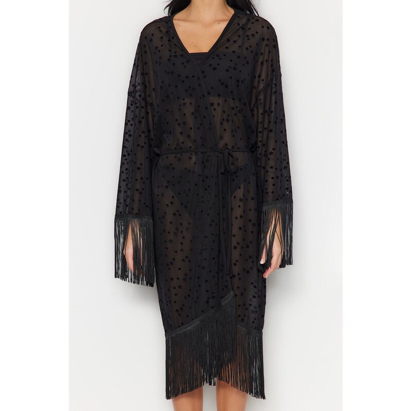 Trendyol Black Belted Maxi Knitted Tasseled Kimono & Kaftan