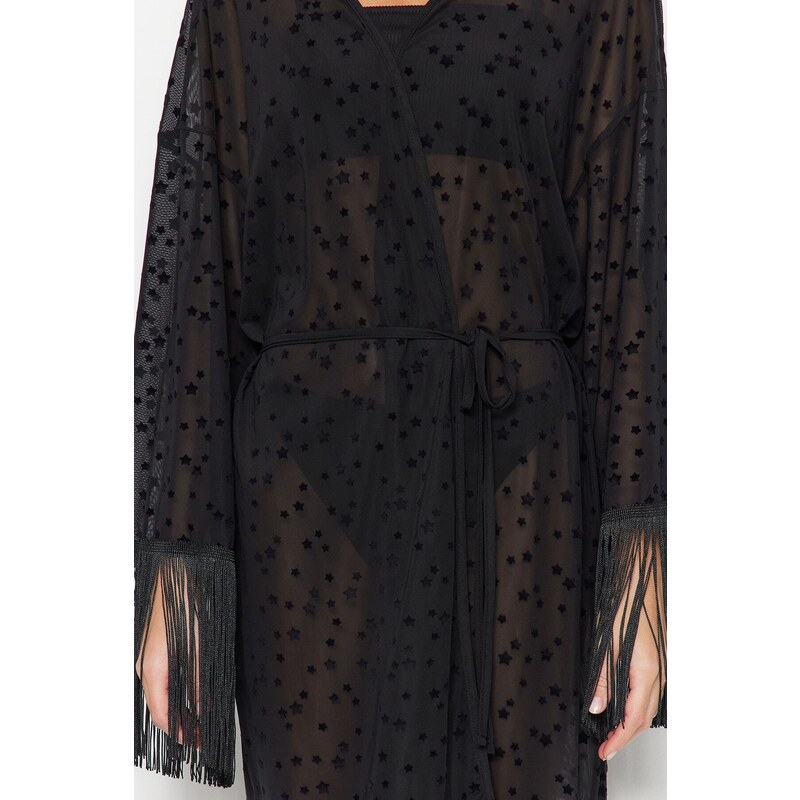 Trendyol Black Belted Maxi Knitted Tasseled Kimono & Kaftan