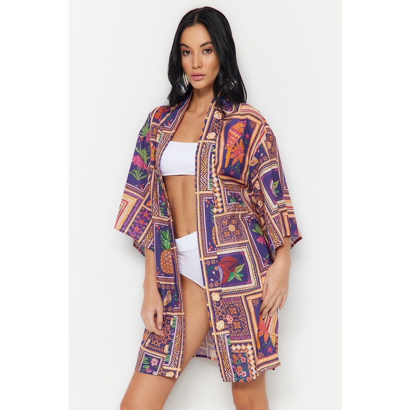 Trendyol Tropical Pattern Mini Woven 100% Cotton Kimono & Kaftan