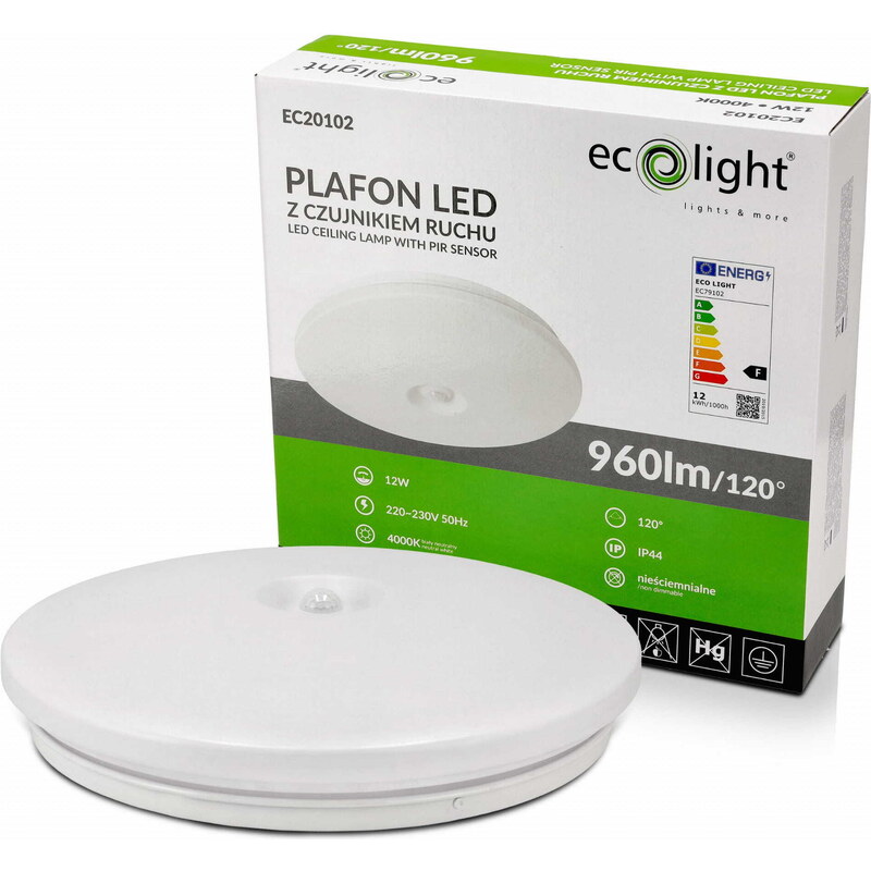 ECOLIGHT LED stropní svítidlo PIR - 12W - IP44 - neutrální bílá - senzor pohybu