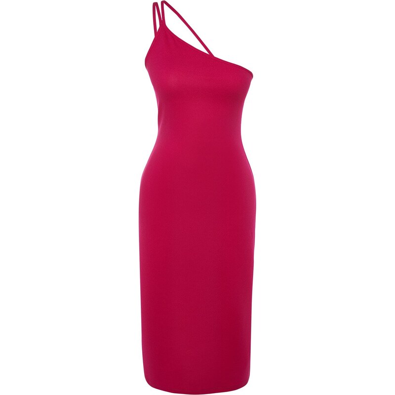 Trendyol Fuchsia One Shoulder A-Line/A-Line Form Midi Smart Crepe Strap Knitted Dress