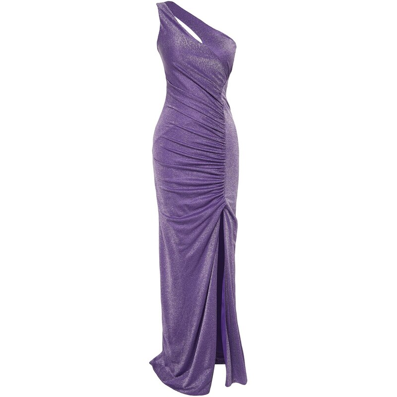 Trendyol fialové pletené lesklé vystřižené / okno detailní dlouhé večerní šaty