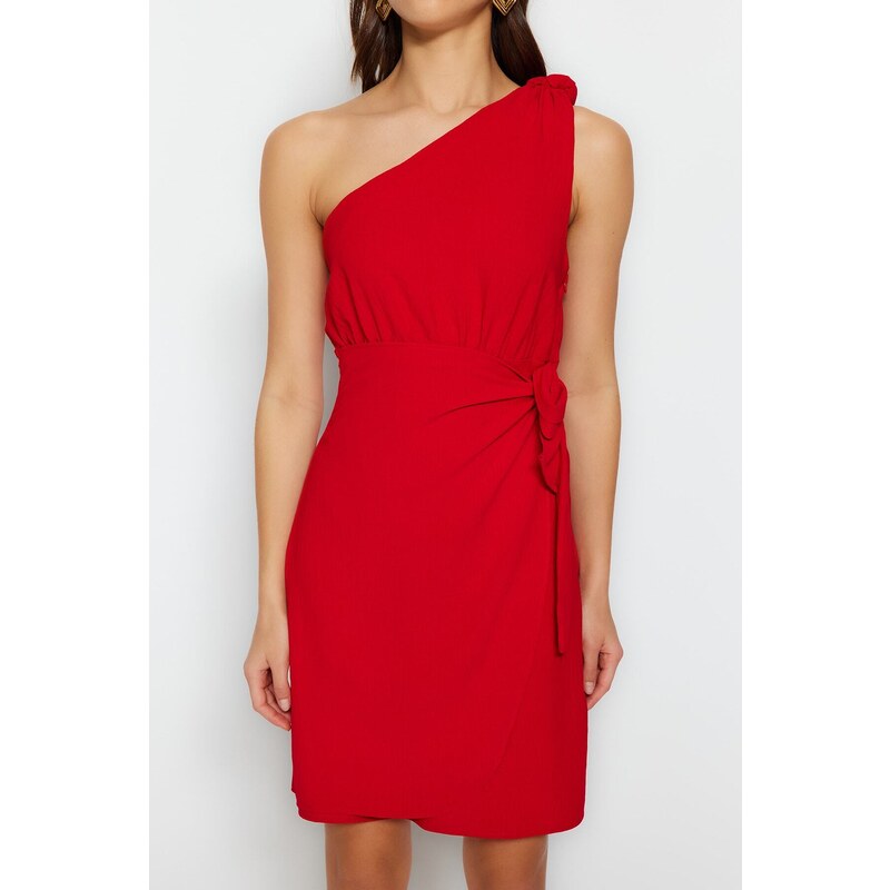 Trendyol červené dvouřadé tkané uzlové detailní tkané šaty