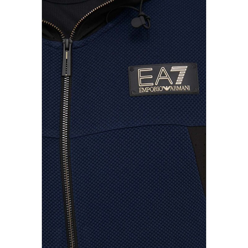 Mikina EA7 Emporio Armani pánská, tmavomodrá barva, s kapucí, s aplikací
