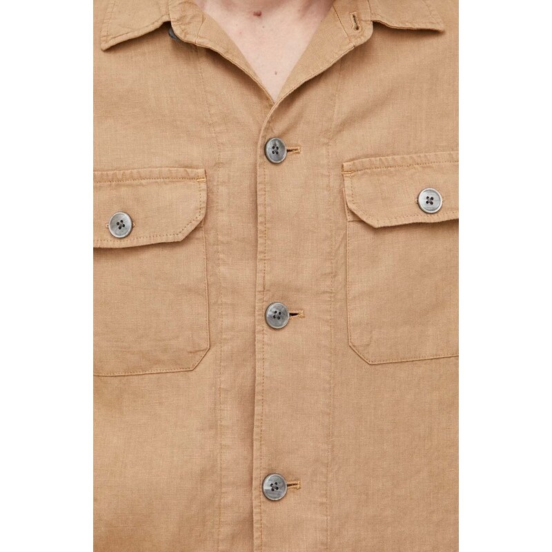 Plátěná košile BOSS béžová barva, regular, s klasickým límcem