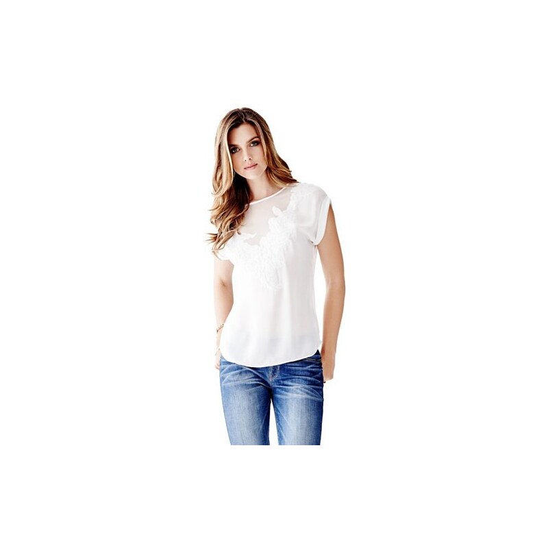 Halenka Guess Short-Sleeve Embroidered Top bílá