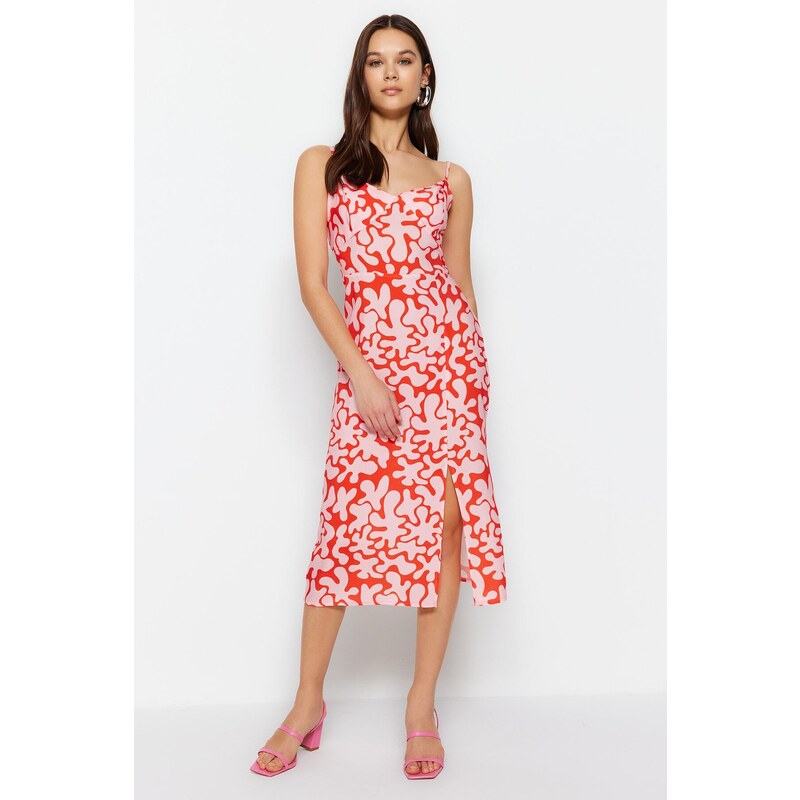 Trendyol Red Straight Cut Midi Floral Pattern Woven Dress