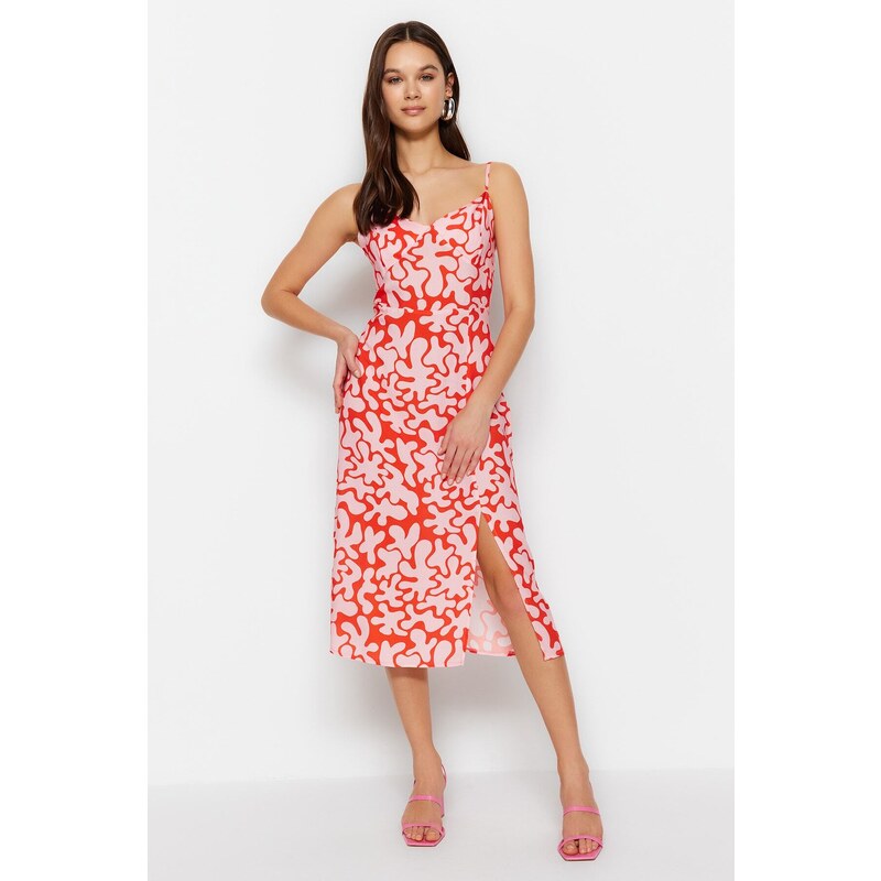 Trendyol Red Straight Cut Midi Floral Pattern Woven Dress