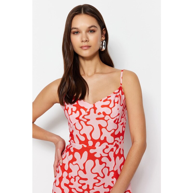Trendyol Red Straight Cut Midi Floral Pattern Woven Dress
