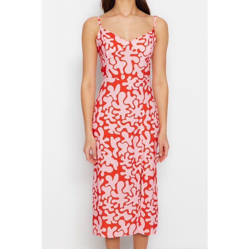 Trendyol Red Straight Cut Midi Floral Pattern Woven Dress