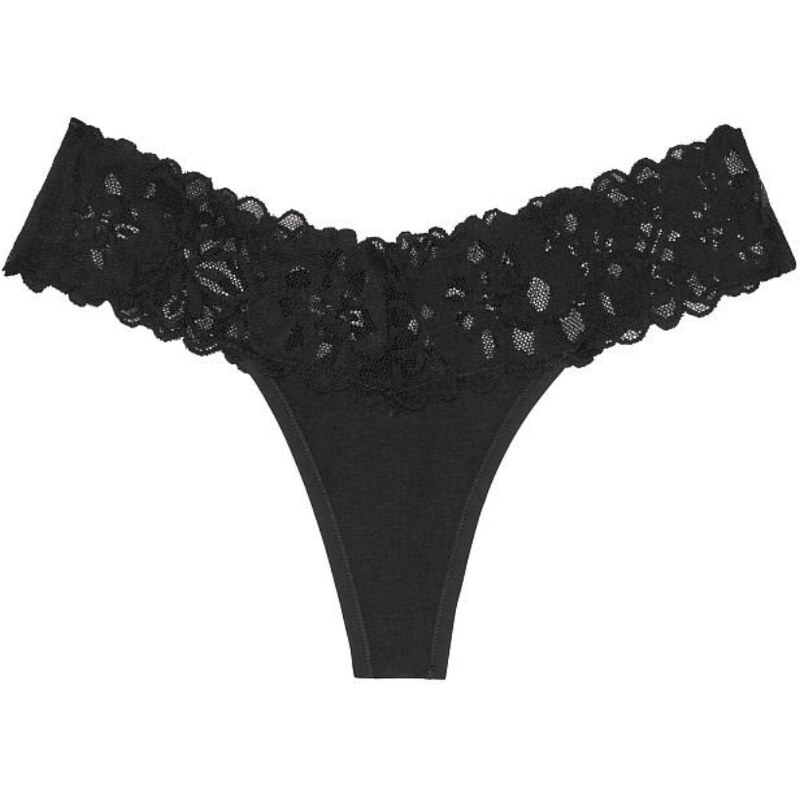 Victoria's Secret černé bavlněné tanga kalhotky s krajkovým pasem Lace Waist Cotton Thong Panty
