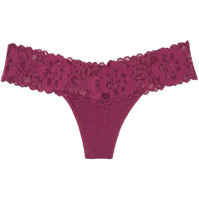 Victoria's Secret vínové bavlněné tanga kalhotky s krajkovým pasem Lace Waist Cotton Thong Panty