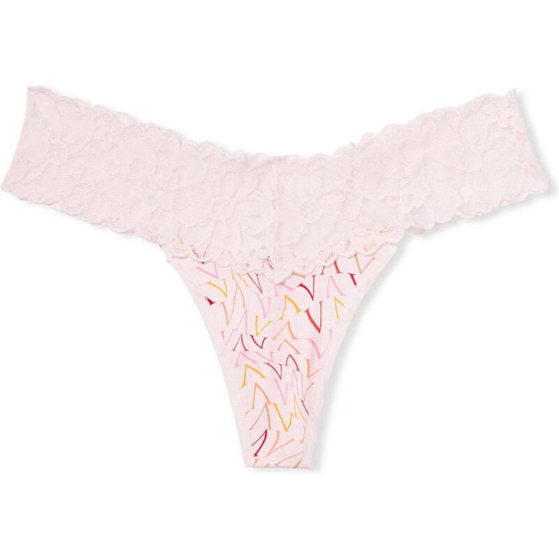 Victoria's Secret světle růžové bavlněné tanga kalhotky s krajkovým pasem Lace Waist Cotton Thong Panty