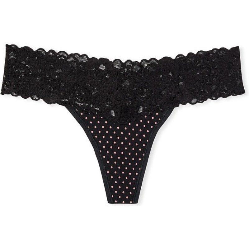 Victoria's Secret puntíkové bavlněné tanga kalhotky s krajkovým pasem Lace Waist Cotton Thong Panty