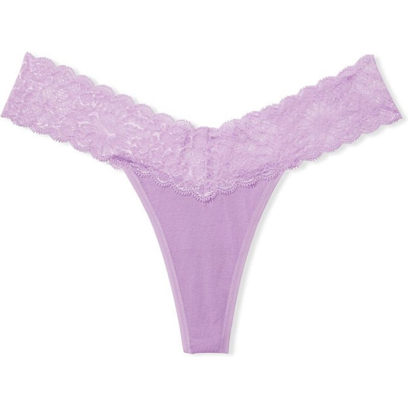 Victoria's Secret fialové bavlněné tanga kalhotky s krajkovým pasem Lace Waist Cotton Thong Panty