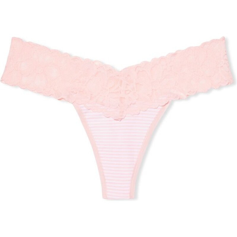 Victoria's Secret růžové bavlněné tanga kalhotky s krajkovým pasem Lace Waist Cotton Thong Panty