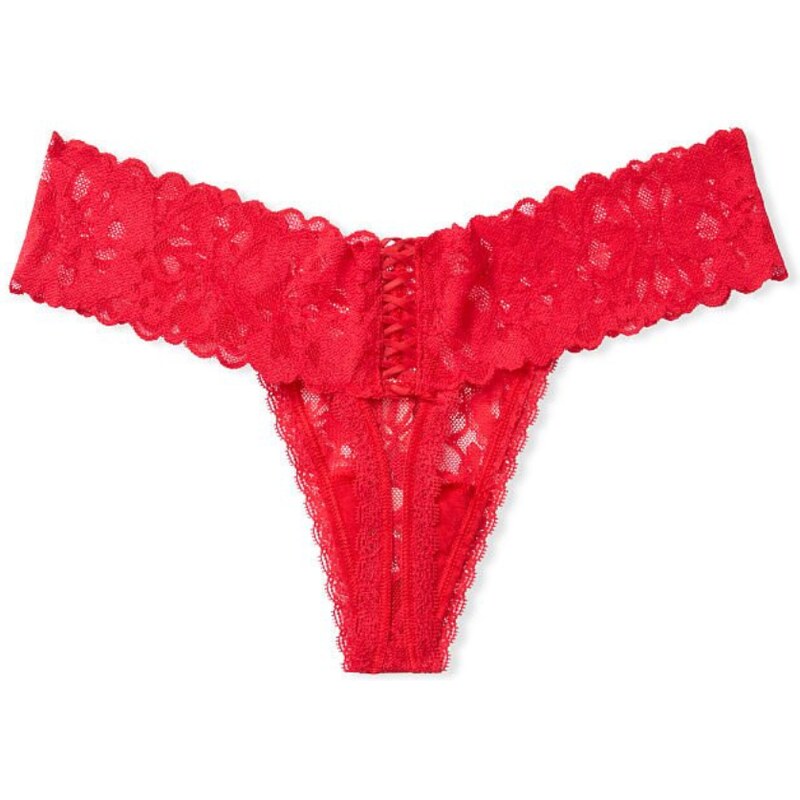 Victoria's Secret červené krajkové tanga kalhotky Lacie Lace-Up Thong Panty