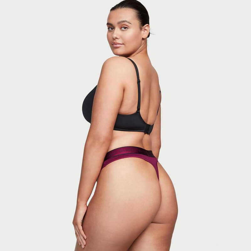 Victoria's Secret vínové bavlněné tanga kalhotky s logem Logo Cotton Thong Panty