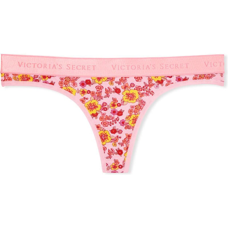 Victoria's Secret květinové bavlněné tanga kalhotky s logem Logo Cotton Thong Panty