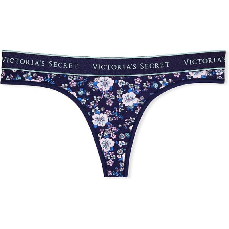 Victoria's Secret květinové tmavé bavlněné tanga kalhotky s logem Logo Cotton Thong Panty