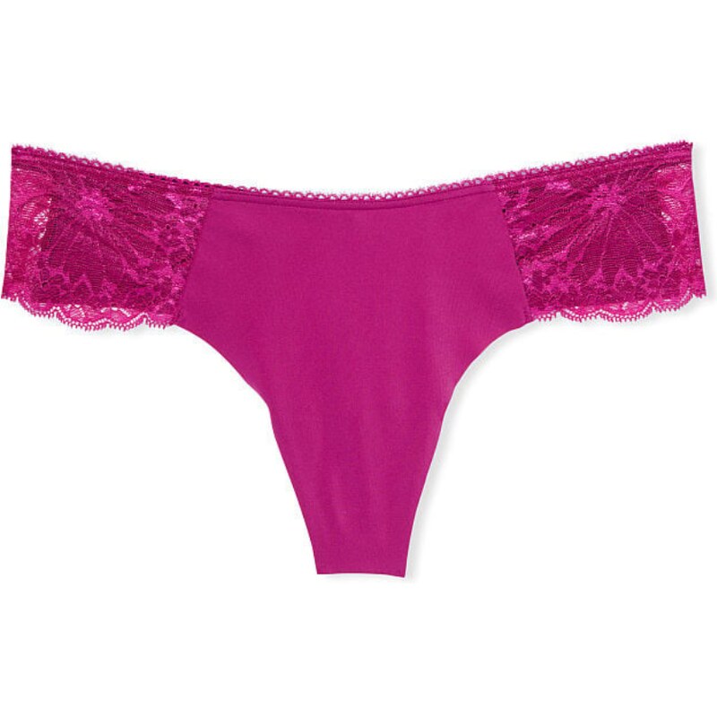 Victoria's Secret růžové bezešvé krajkové tanga kalhotky No-Show Floral Lace Thong Panty