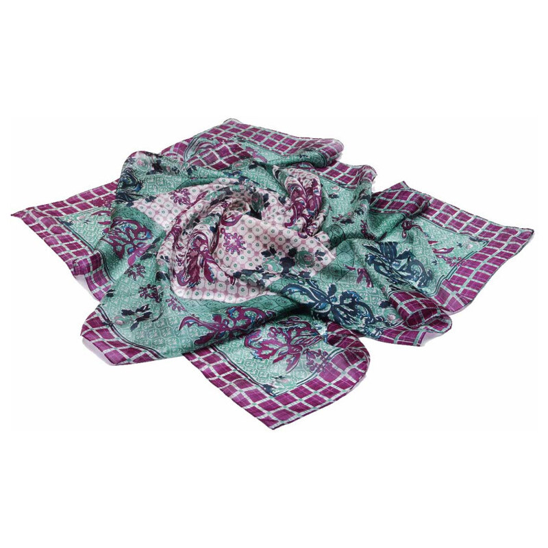 Pranita Hedvábný šátek s potiskem se šedozelenou a tmavě fialovou