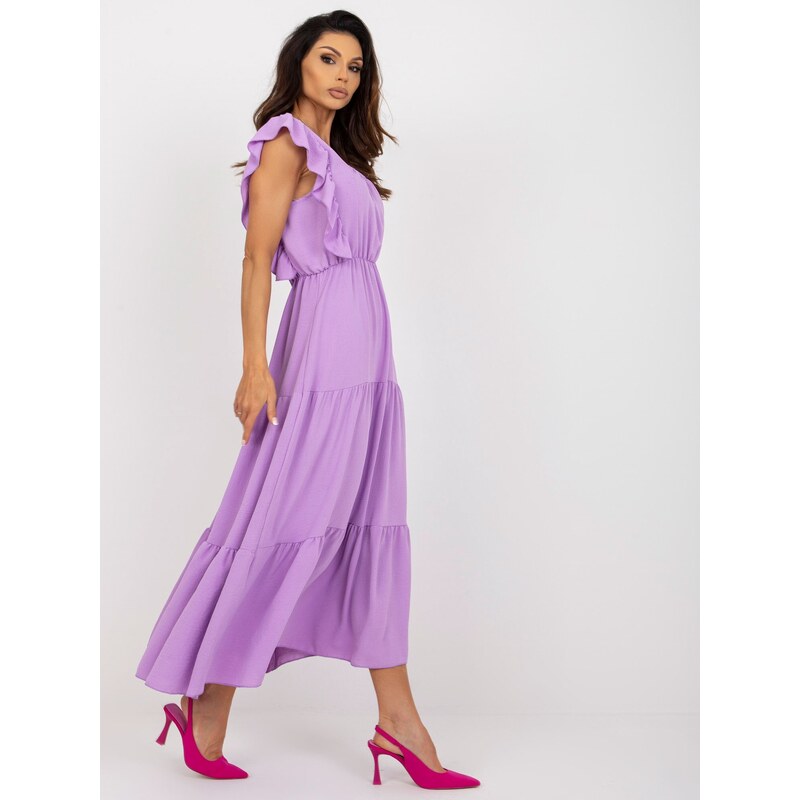 Fashionhunters Světle fialové šaty s volánem, midi délka