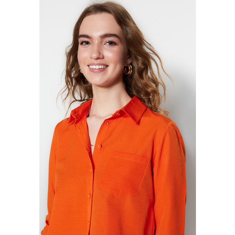 Trendyol Orange Basic Woven Cotton Shirt with Pocket