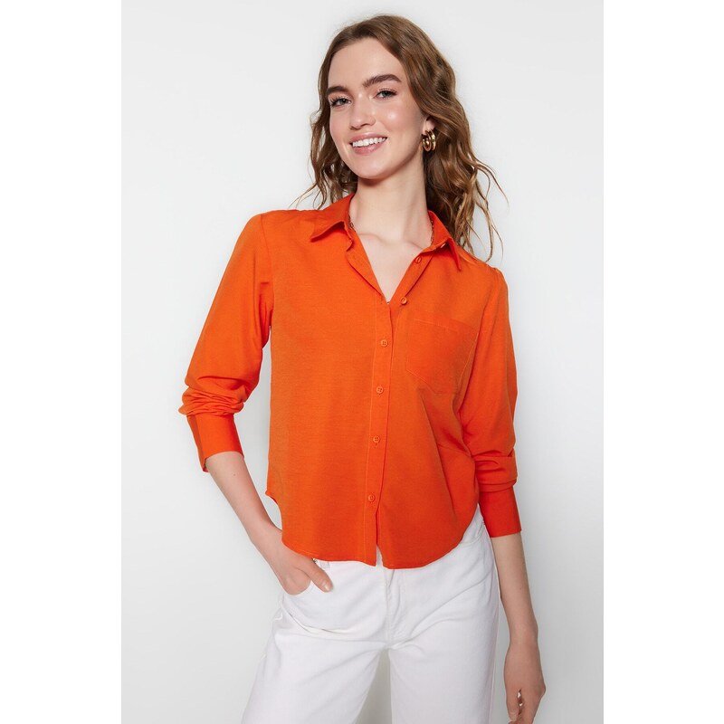 Trendyol Orange Basic Woven Cotton Shirt with Pocket