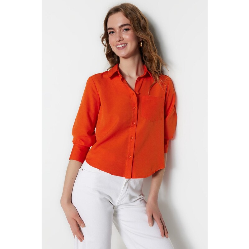 Trendyol Orange Basic Woven Cotton Shirt with Pocket