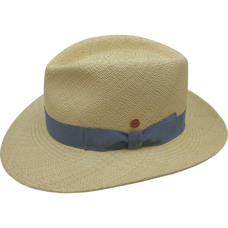 Luxusní panamský klobouk Fedora Bogart s světlemodrou stuhou - ručně pletený, UV faktor 80 - Ekvádorská panama - Mayser Colmar