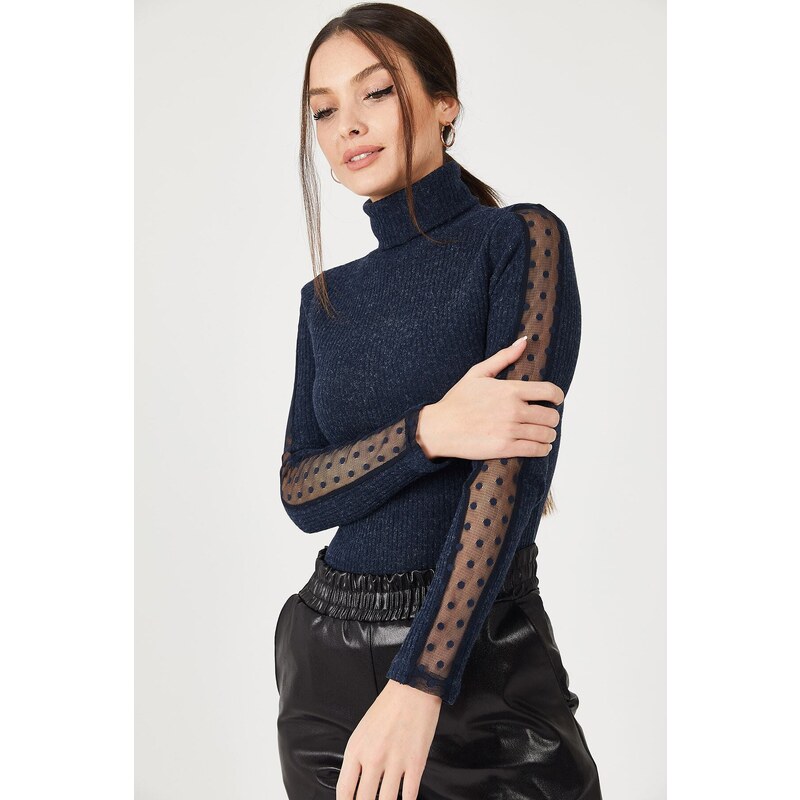 armonika Women's Navy Blue Neck Sleeves Lace Detailed Knitwear Sweater