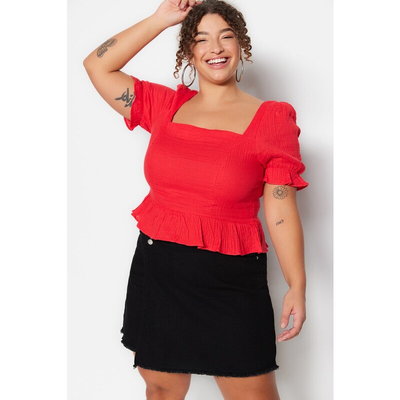 Trendyol Curve Red Woven Square Neck Blouse