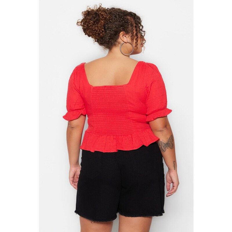 Trendyol Curve Red Woven Square Neck Blouse