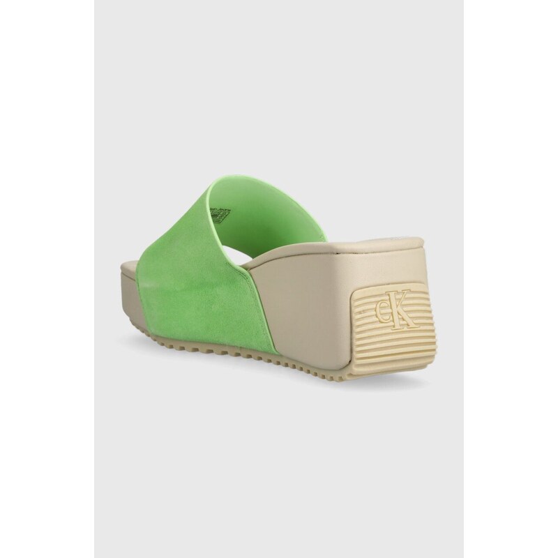 Semišové pantofle Calvin Klein Jeans WEDGE BLOCK SANDAL SU CON dámské, zelená barva, na klínku, YW0YW01015