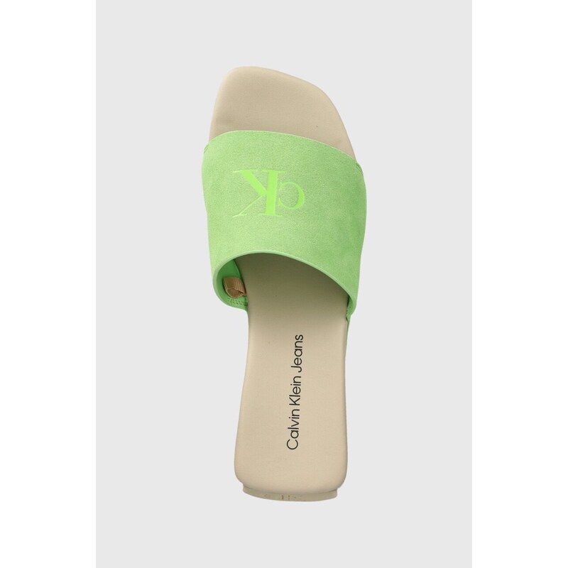Semišové pantofle Calvin Klein Jeans WEDGE BLOCK SANDAL SU CON dámské, zelená barva, na klínku, YW0YW01015