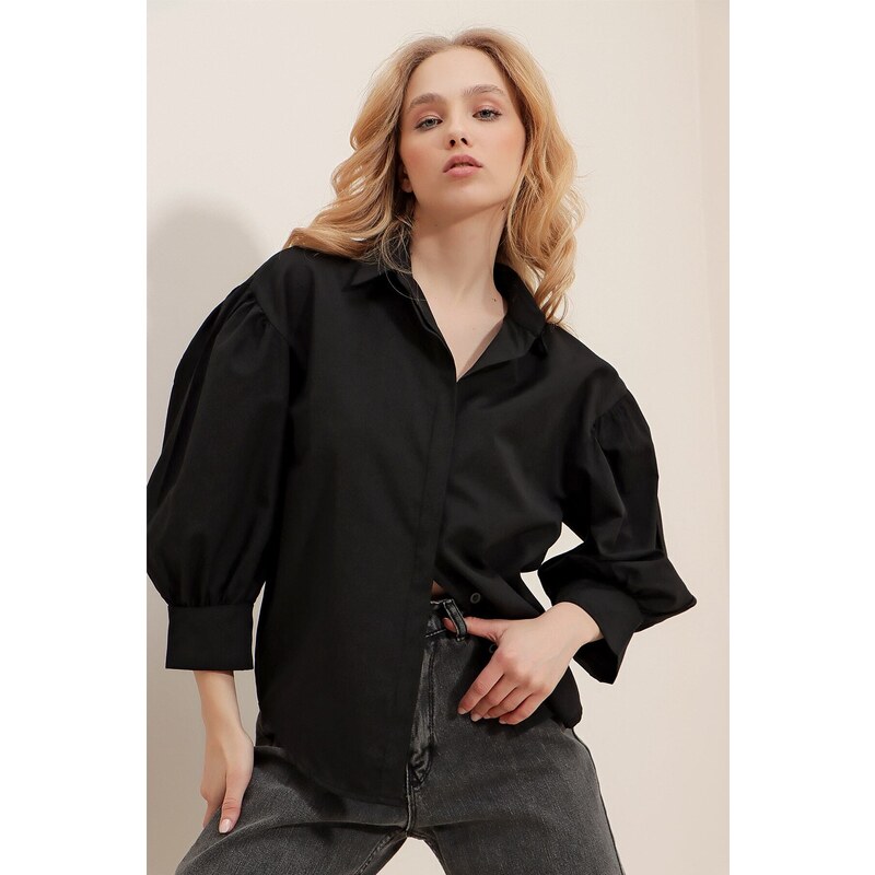 Trend Alaçatı Stili Women's Black Balloon Sleeve Basic Poplin Shirt