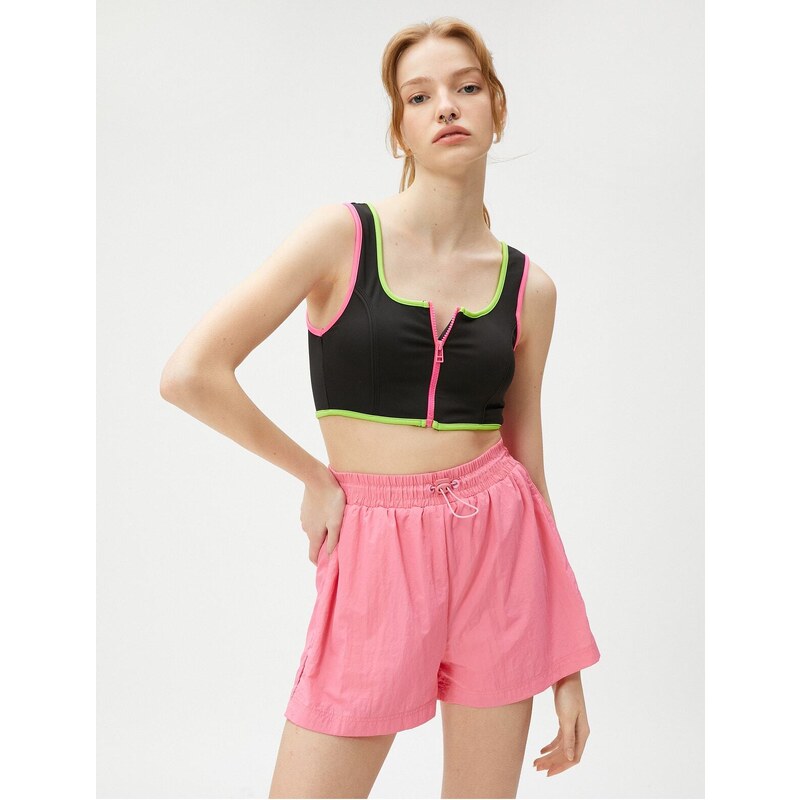 Koton Zippered Sports Bra. Padded, Non-wired Piping Detailed.