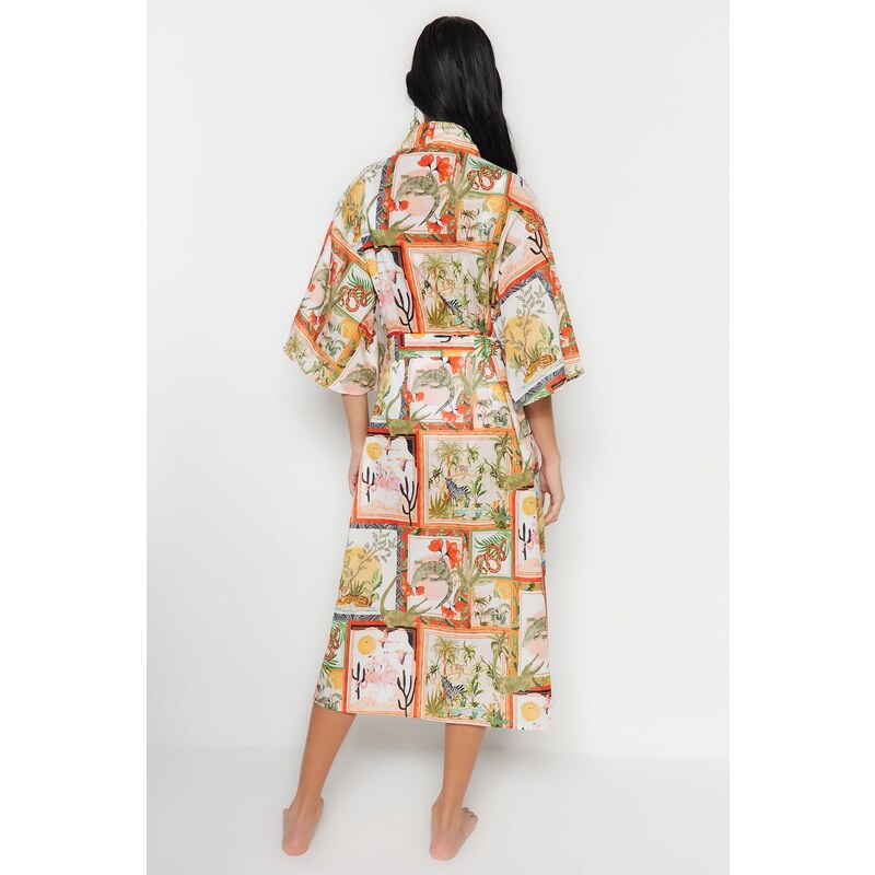 Trendyol Tropical Pattern Belted Maxi-Weave 100% Cotton Kimono & Caftan