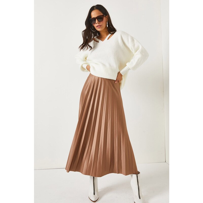 Olalook Milk Brown Leather Look A-Line Pleat Skirt