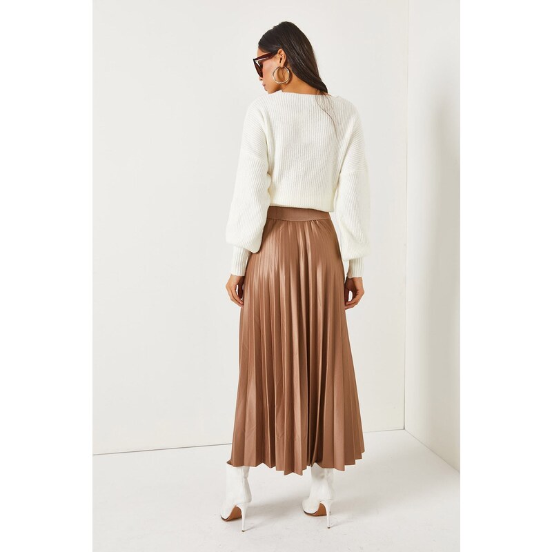 Olalook Milk Brown Leather Look A-Line Pleat Skirt