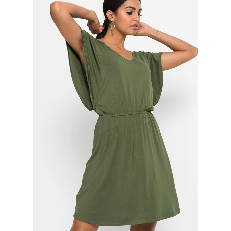 bonprix Žerzejové šaty s volánovými rukávy Zelená