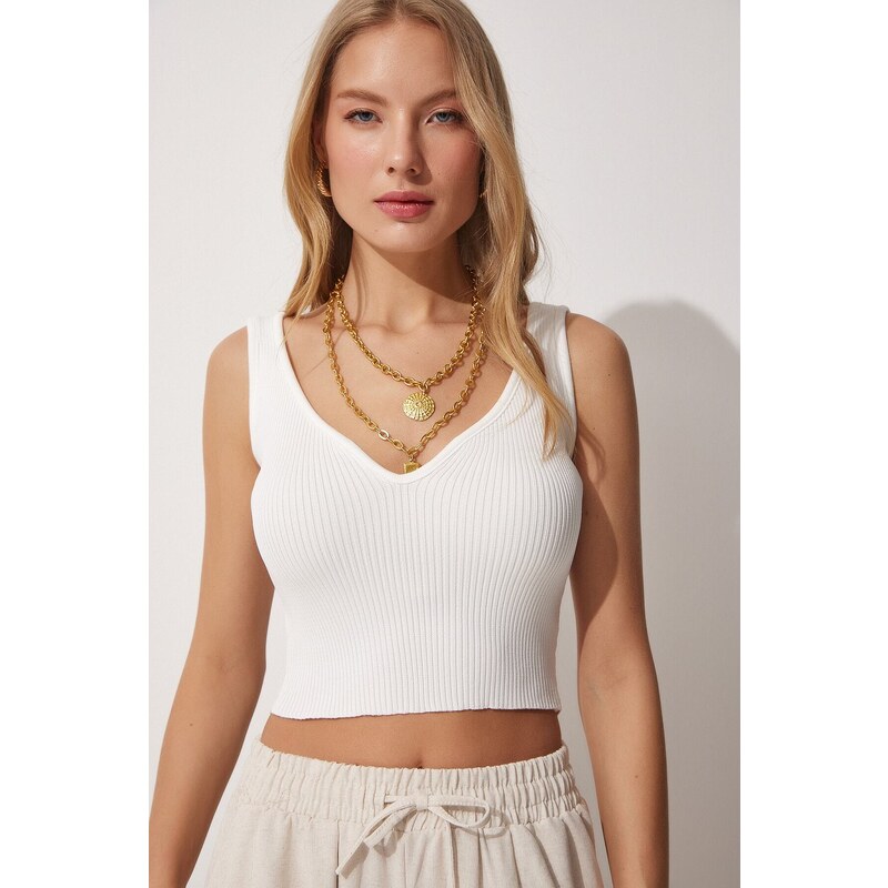 Happiness İstanbul Women's White V-Neck Summer Crop Knitwear Blouse