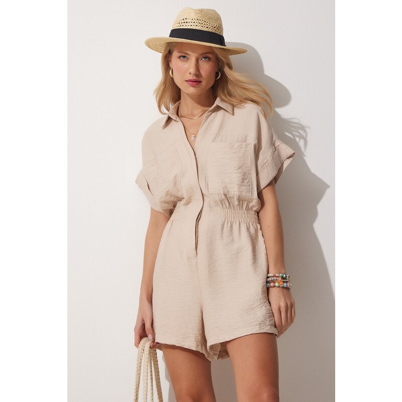 Happiness İstanbul Women's Light Beige Ayrobin Viscose Jumpsuit with Shorts